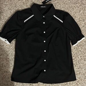 NWT* ALLEGRA K Black Button Down Blouse with White Lace